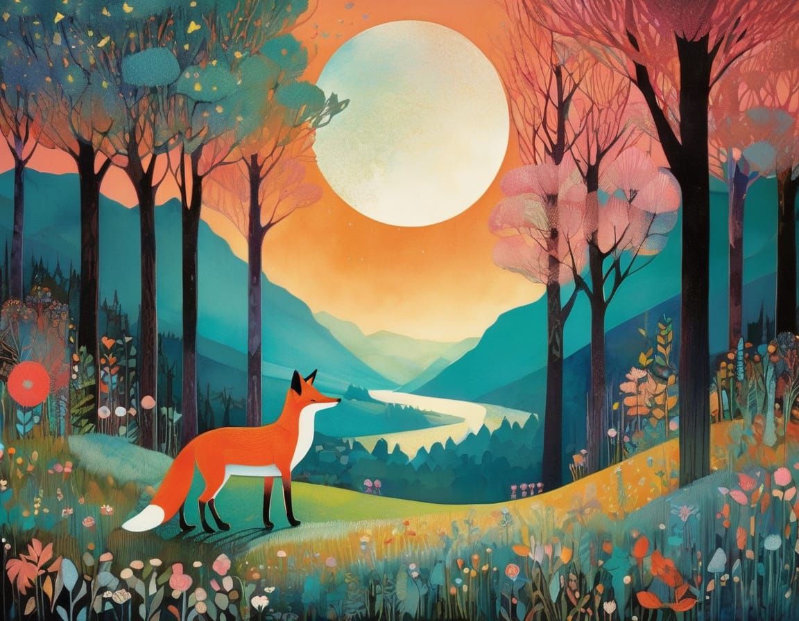 Vibrant Pastel Portrait of a Fox and a Girl