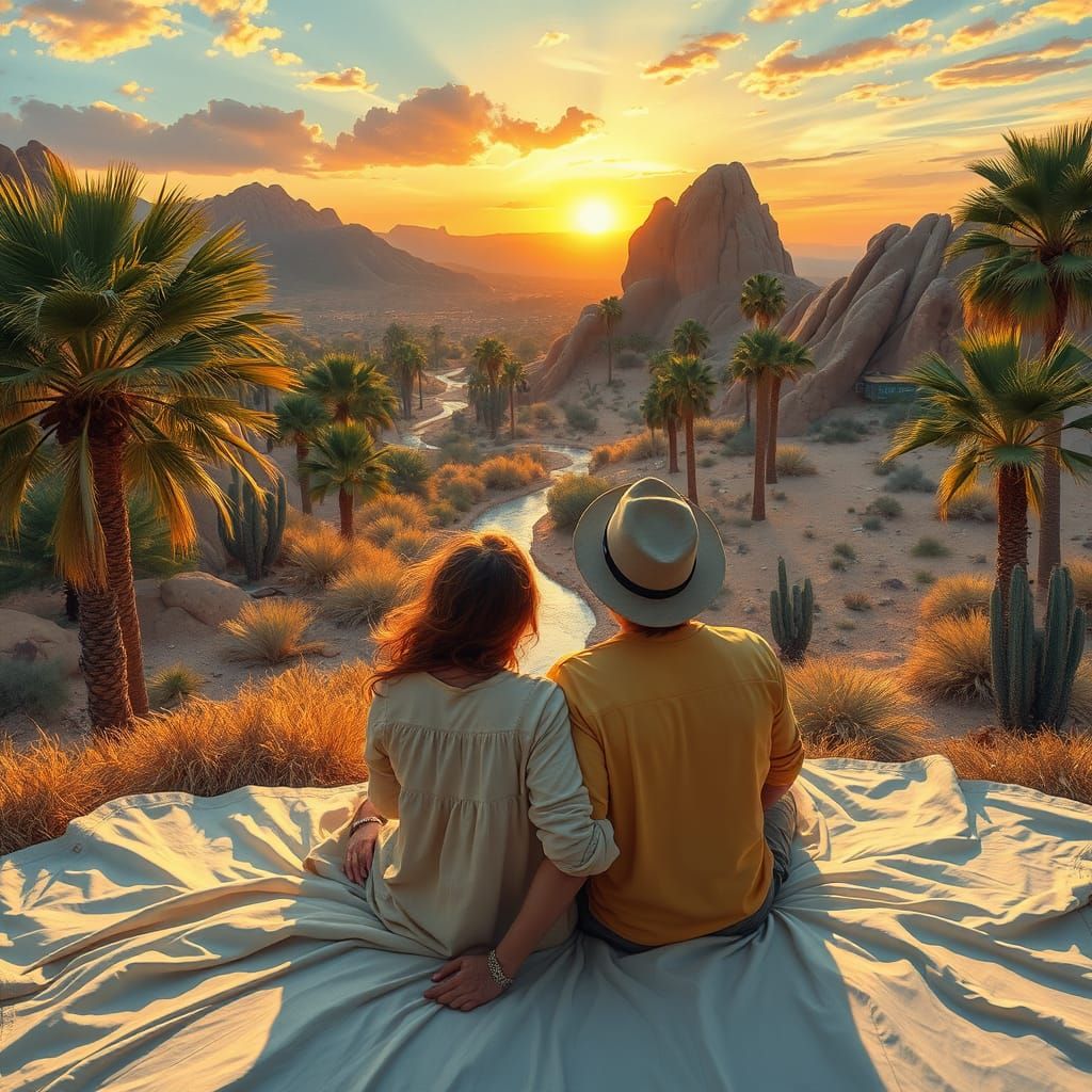 Couple in Love Amidst Vibrant Mexican Desert Oasis