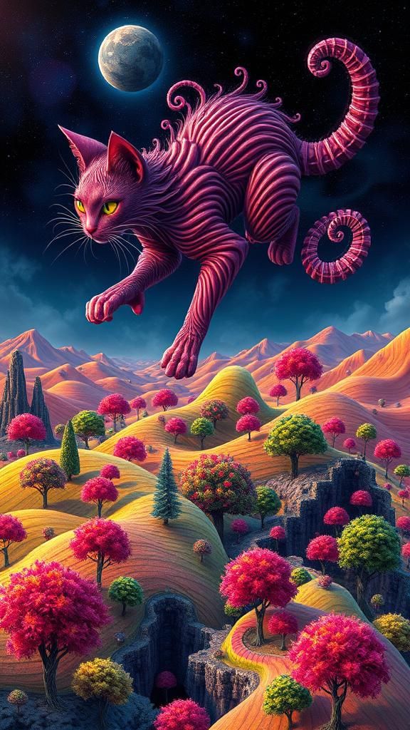 A Cheshire cat whose fur is made of detailed intricate swirl...
