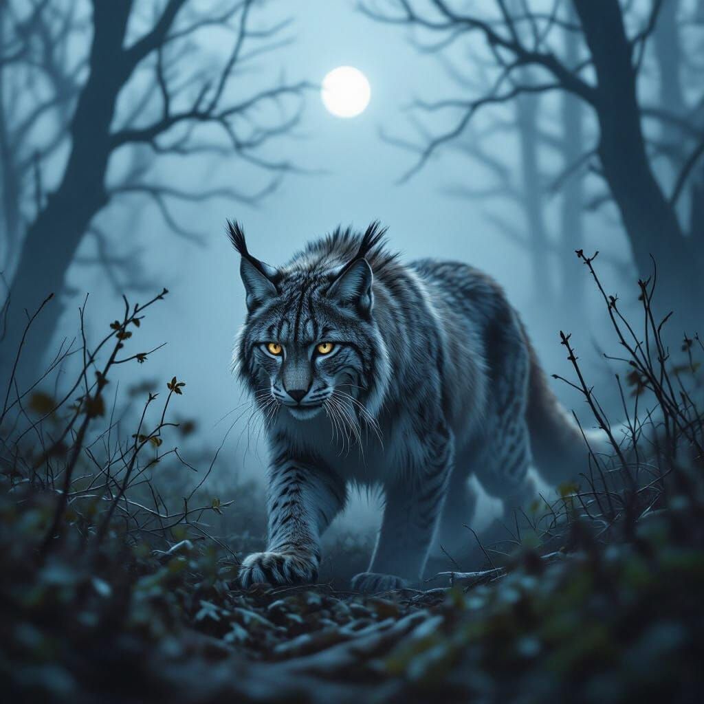 Lynx in Foggy Forest Under Moonlight, Dark Noir Style