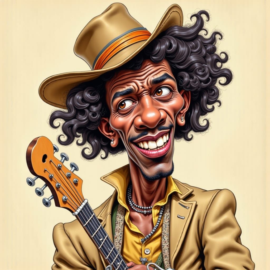 Jimi Hendrix Caricature in 1950s Style