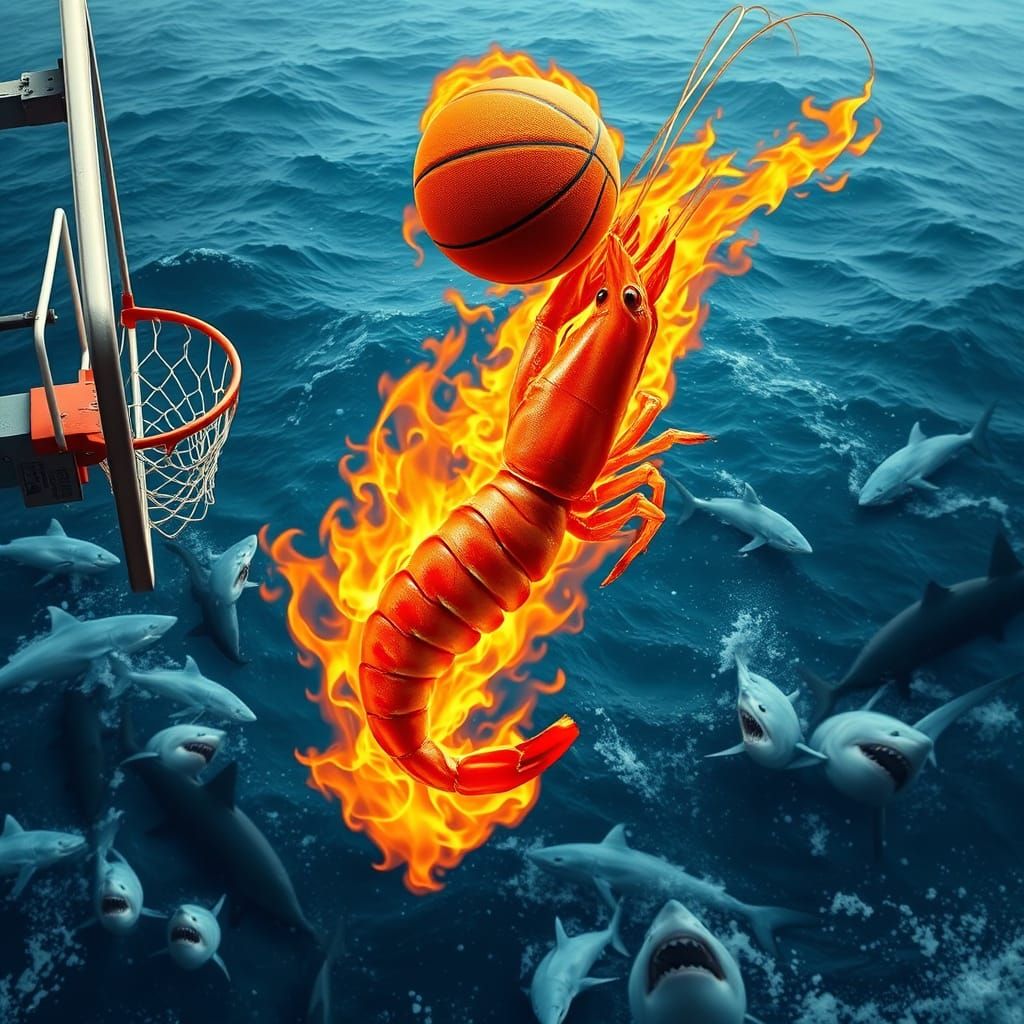 Fiery Shrimp Soars Through Stormy Ocean in Daring Basketball...