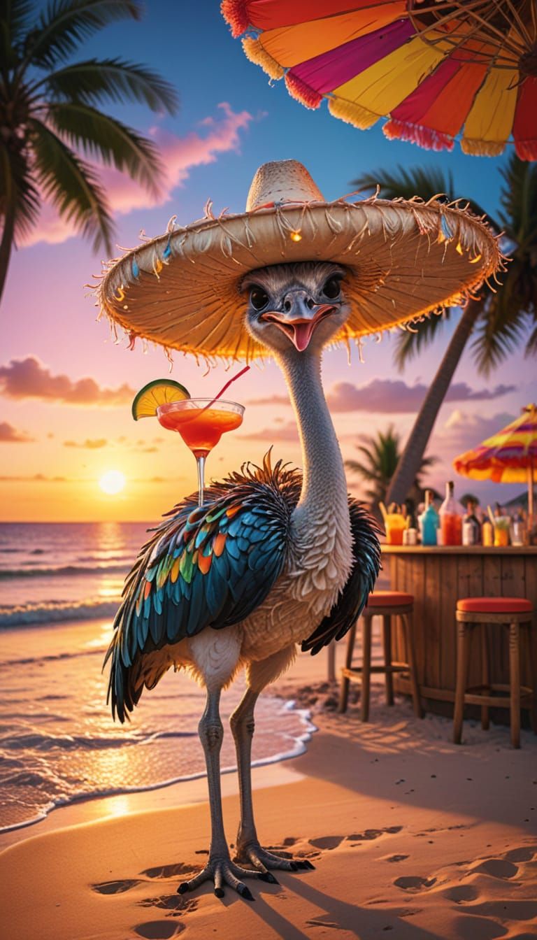 Ostrich in Sombrero: Hyper-Realistic Beach Bar Scene