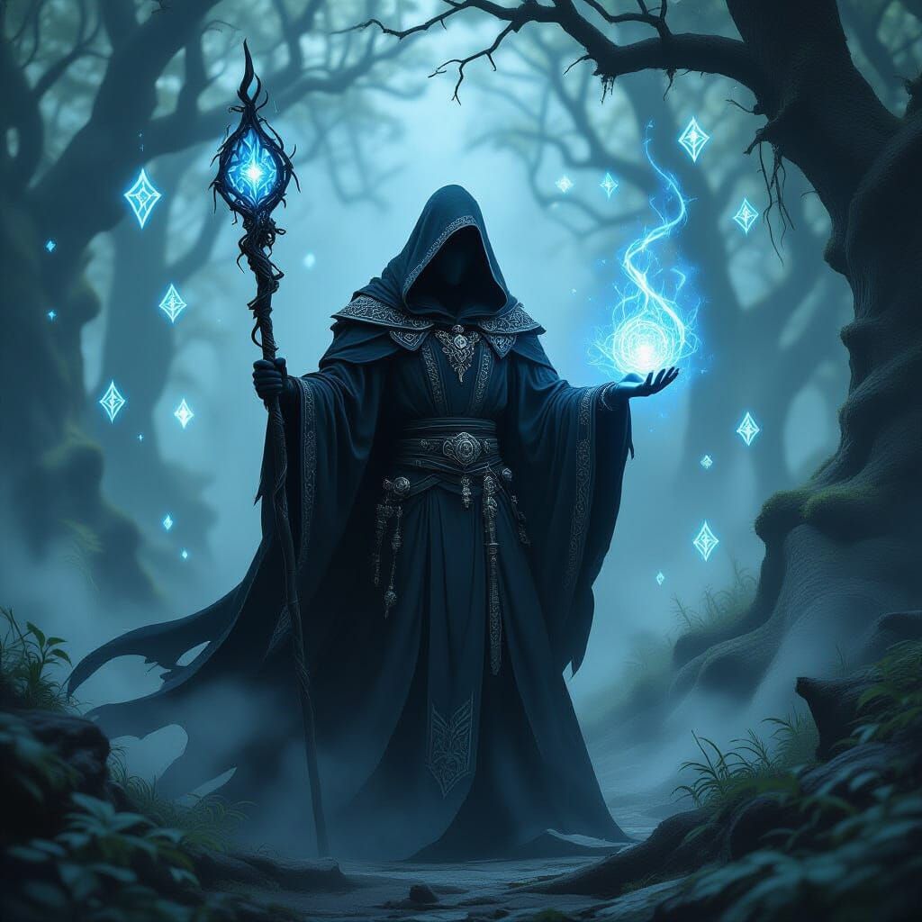 Mysterious Mage in Ethereal Grove, Dark Fantasy Art