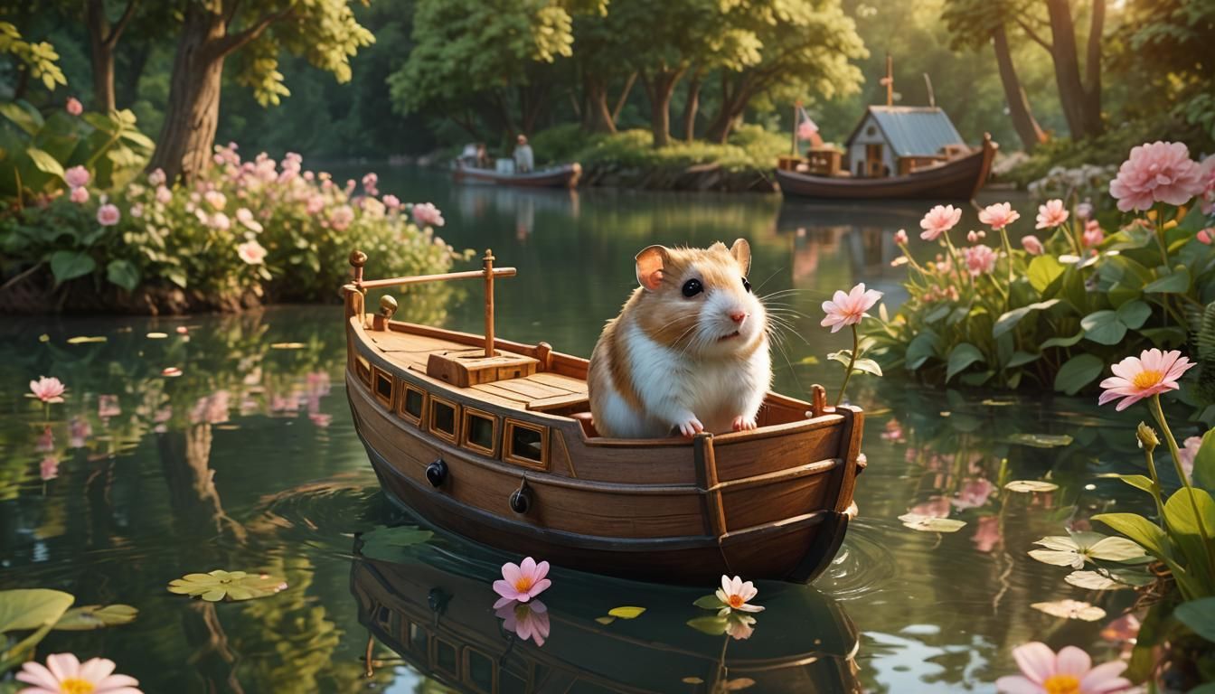 Hamster Captain Sails a River Boat: Photorealistic Digital A...