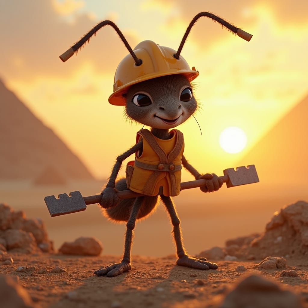 a highly detailed cute animated worker ant standing upright wearing a construction vest, carrying chiseling tools as the...