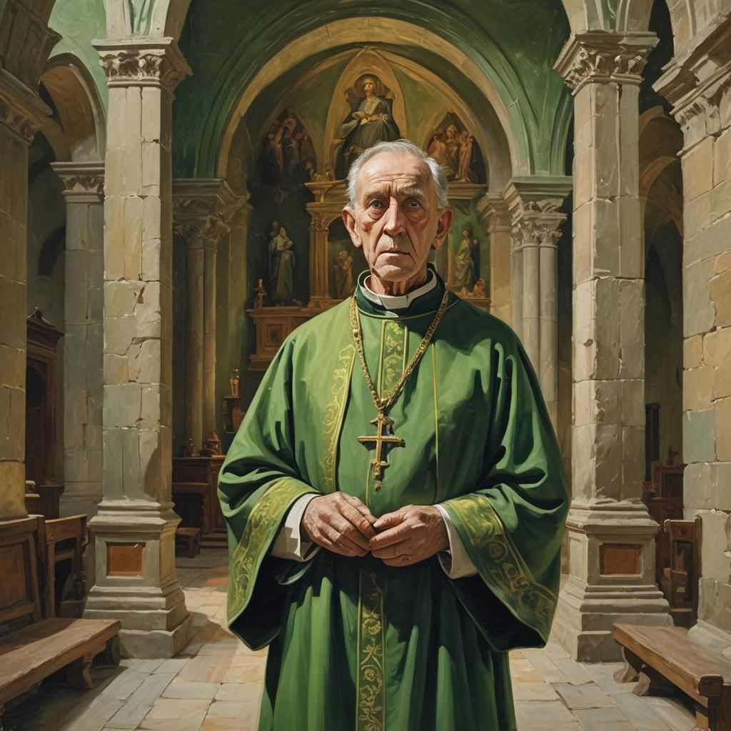 Photorealistic Old Priest in Romanesque Church Interior