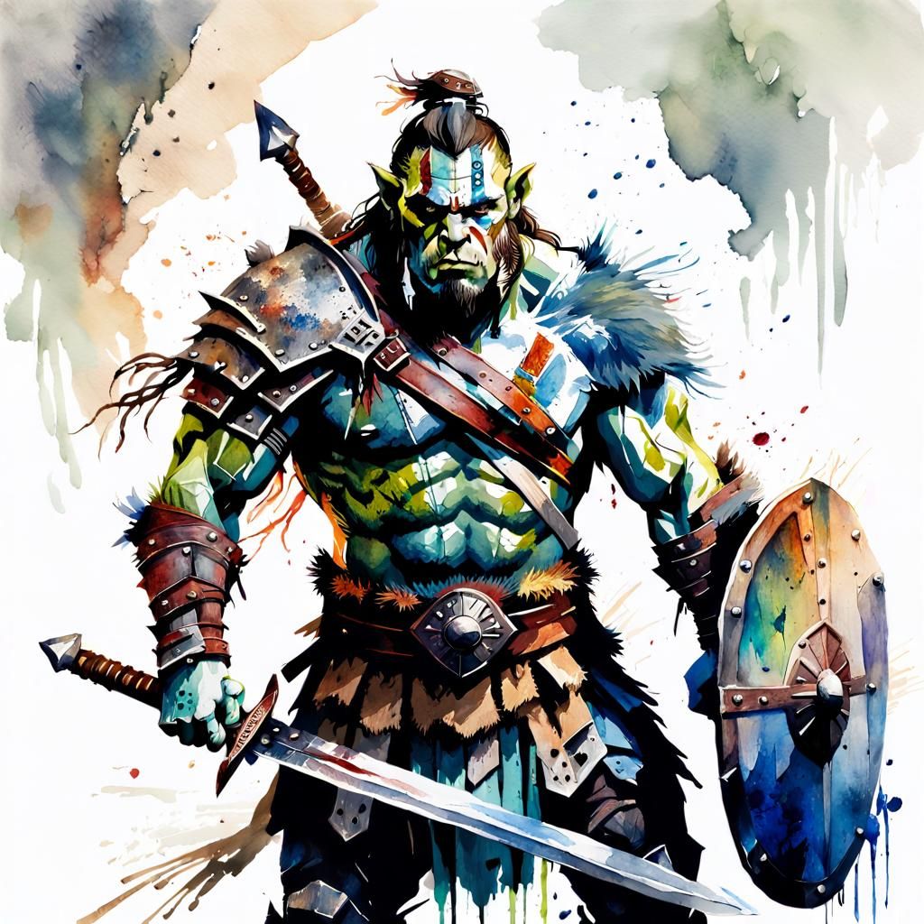 Intense Orc Warrior Portrait in Watercolor Style
