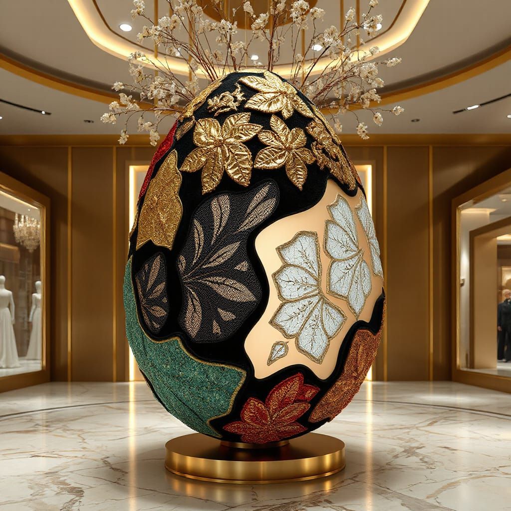 A fashion-inspired abstract egg clad in haute couture textures