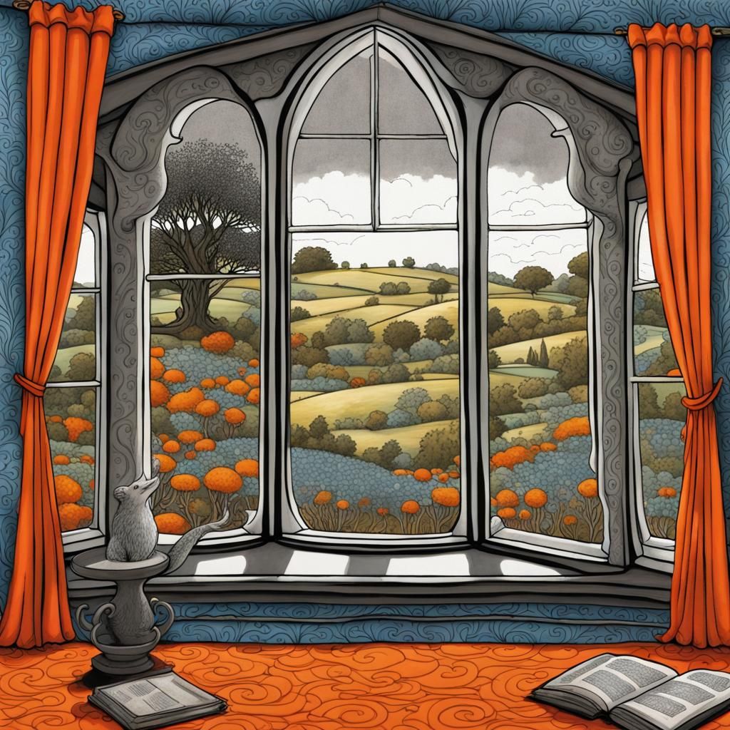 Hobbiton View Through Window with Blue Curtains