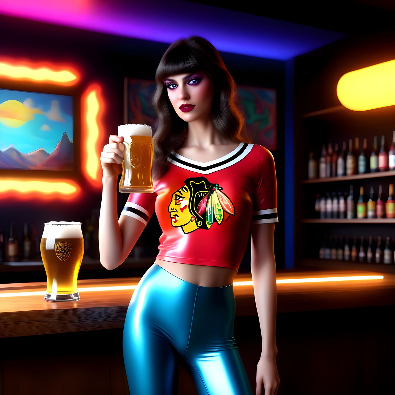 Red Hot Hockey Fan Enjoying a Beer at Night