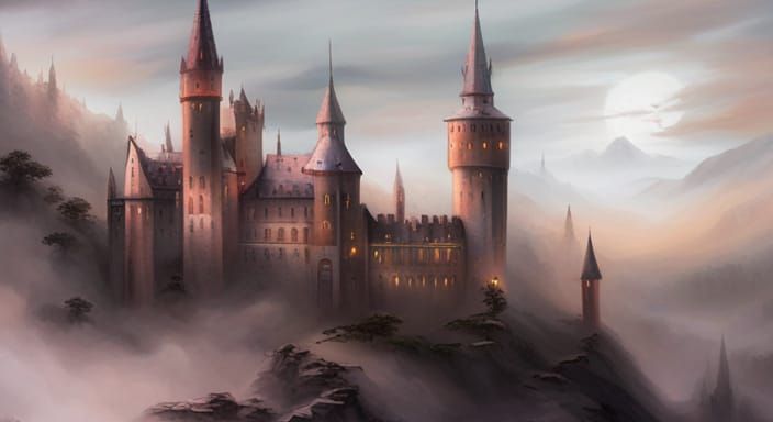 Castle in Thick Fog, Glowing Embers Style