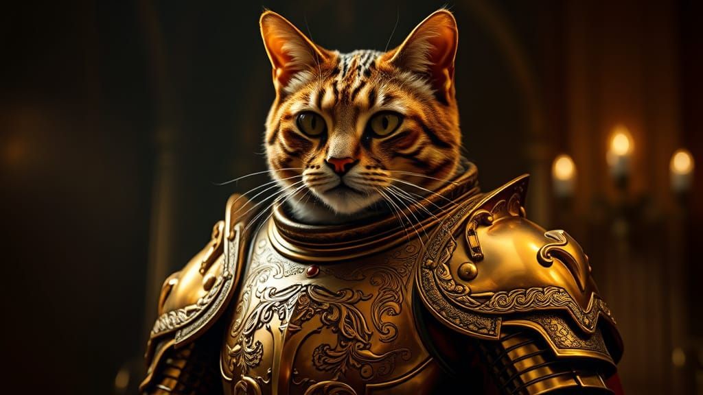 Regal Feline Knight in Golden Armor