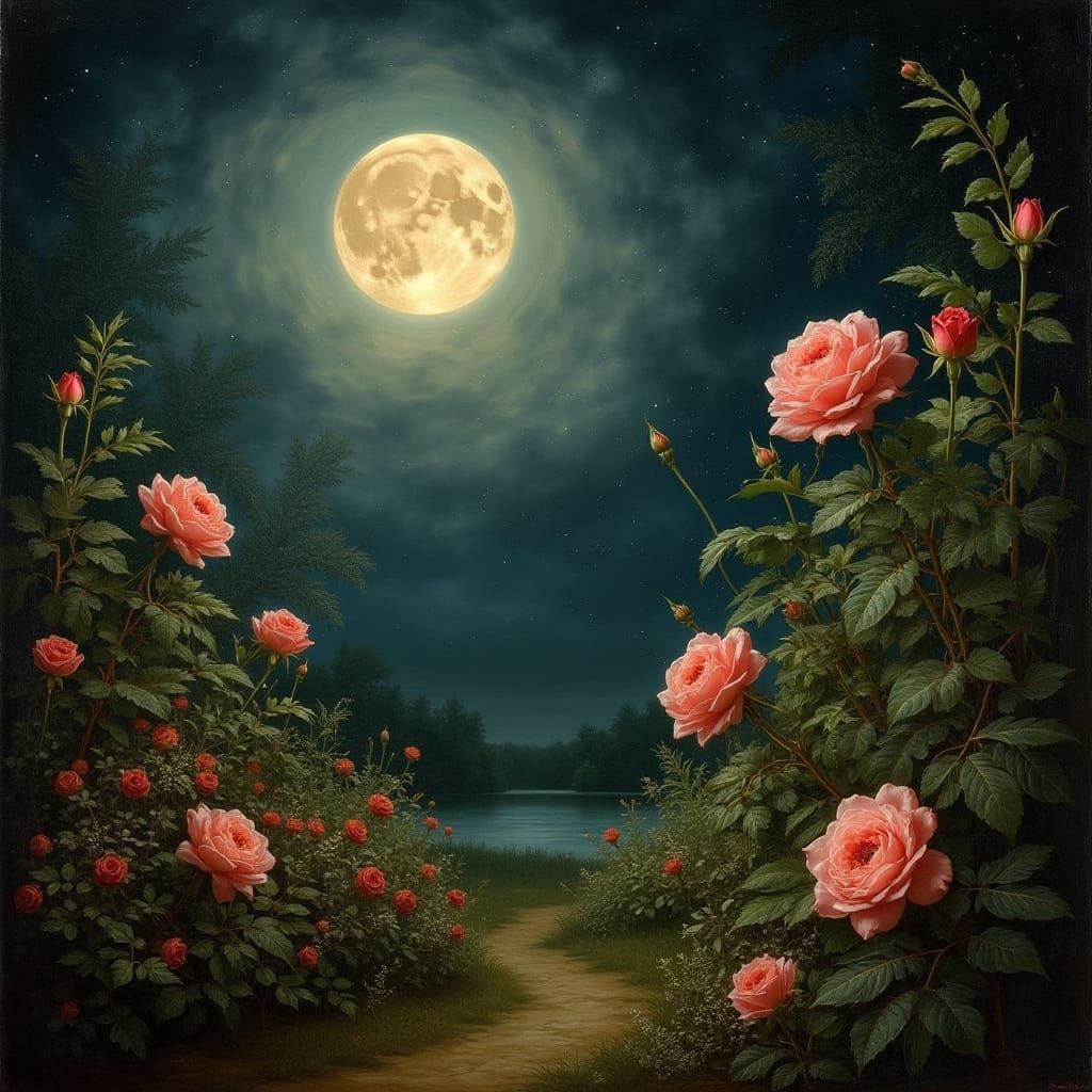 Romantic Rose Garden Under a Starry Night Sky