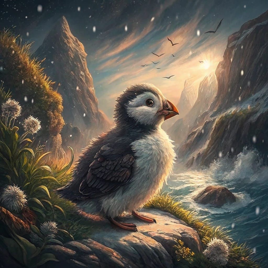 Peaceful Baby Puffin in a Whimsical Brushstroke Wonderland