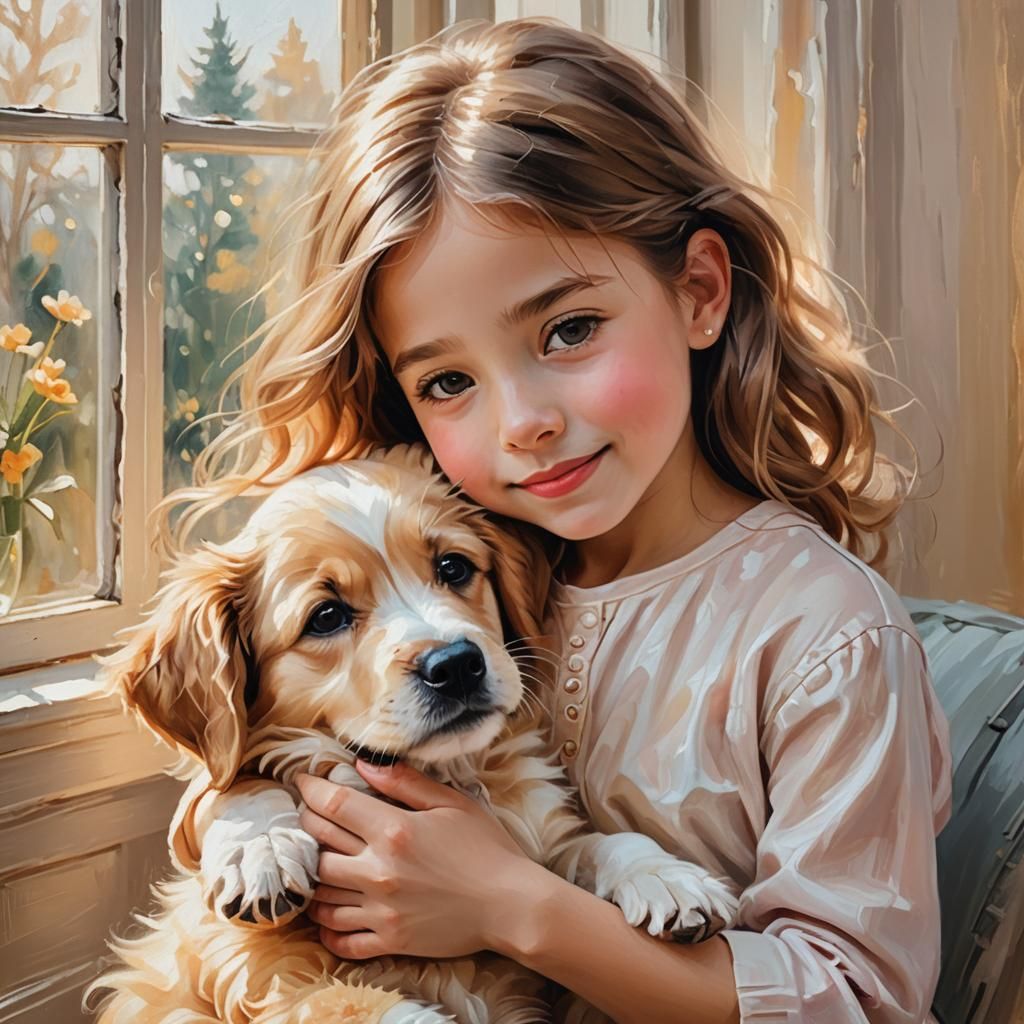 Girl and Puppy Portrait in Oil Painting Style