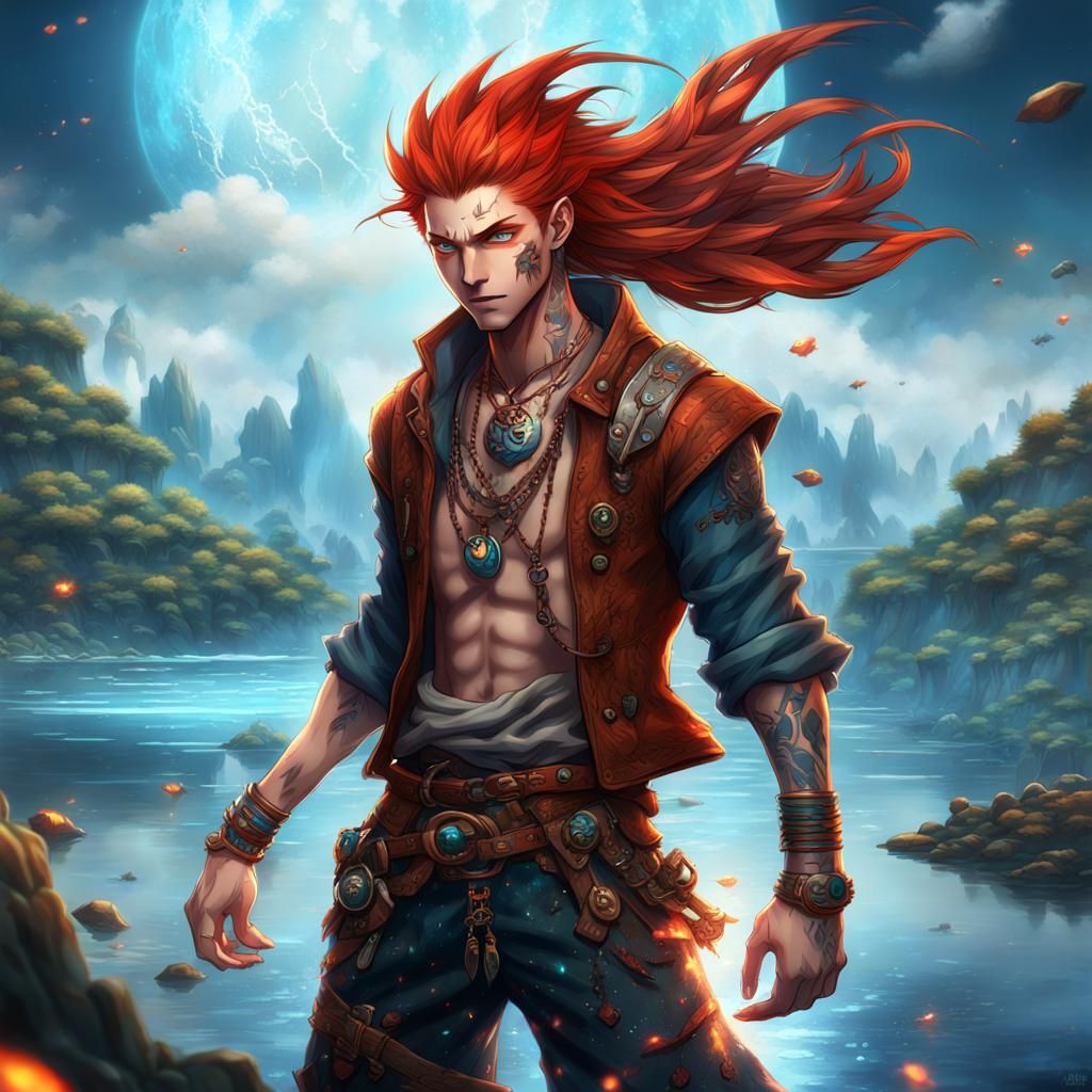 Anime Boy with Red Hair and Water Powers