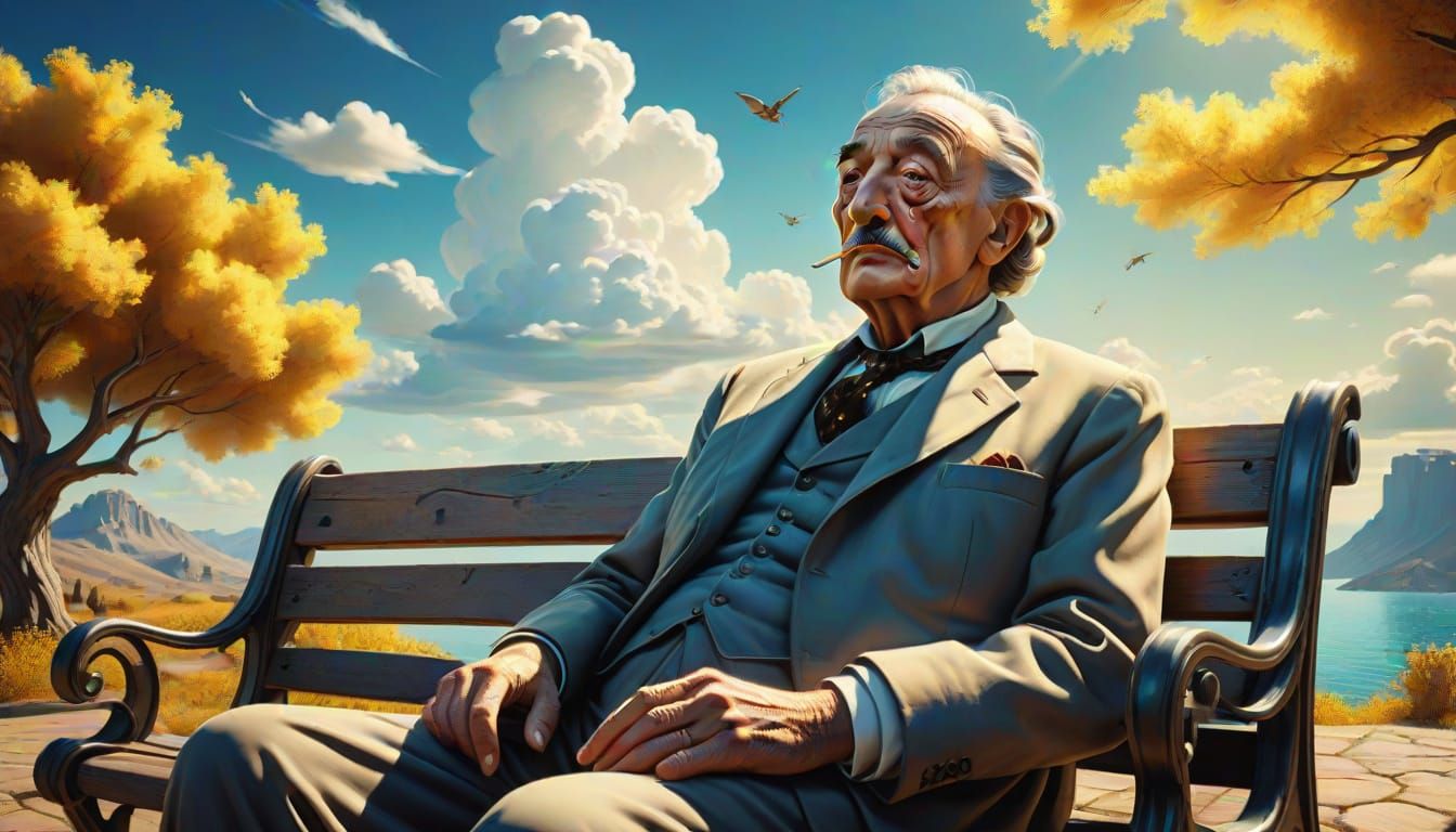 Surreal Park Bench Scene in Vibrant, Melting Light