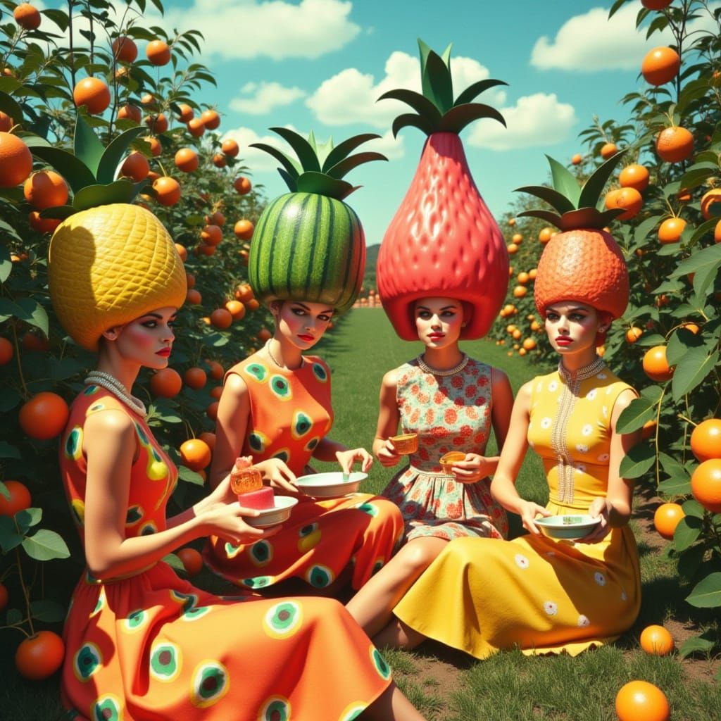 Whimsical Bouffantland Scene in a Retro-Futuristic Fruit Orc...
