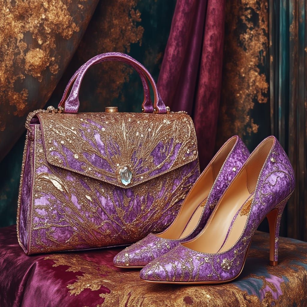 Lilac Opulent Handbag and Shoes with Gold Embroidery