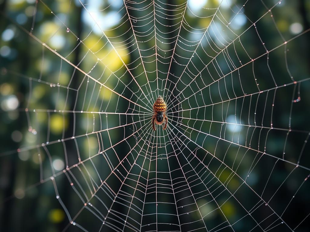 Intricate Spiderweb in Vibrant Colors, Set in a Forest Lands...