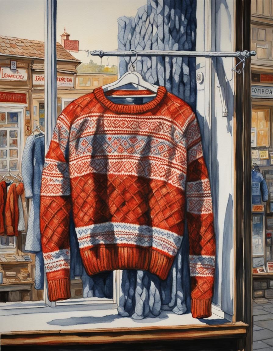 Nordic Sweater in Shop Window: Watercolor Line Drawing