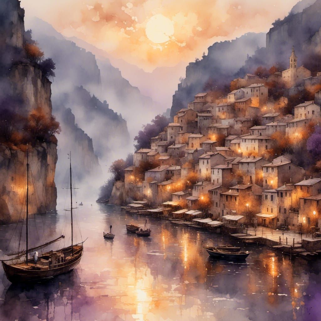 Greek Township at Waterfall in Antique Watercolor Style