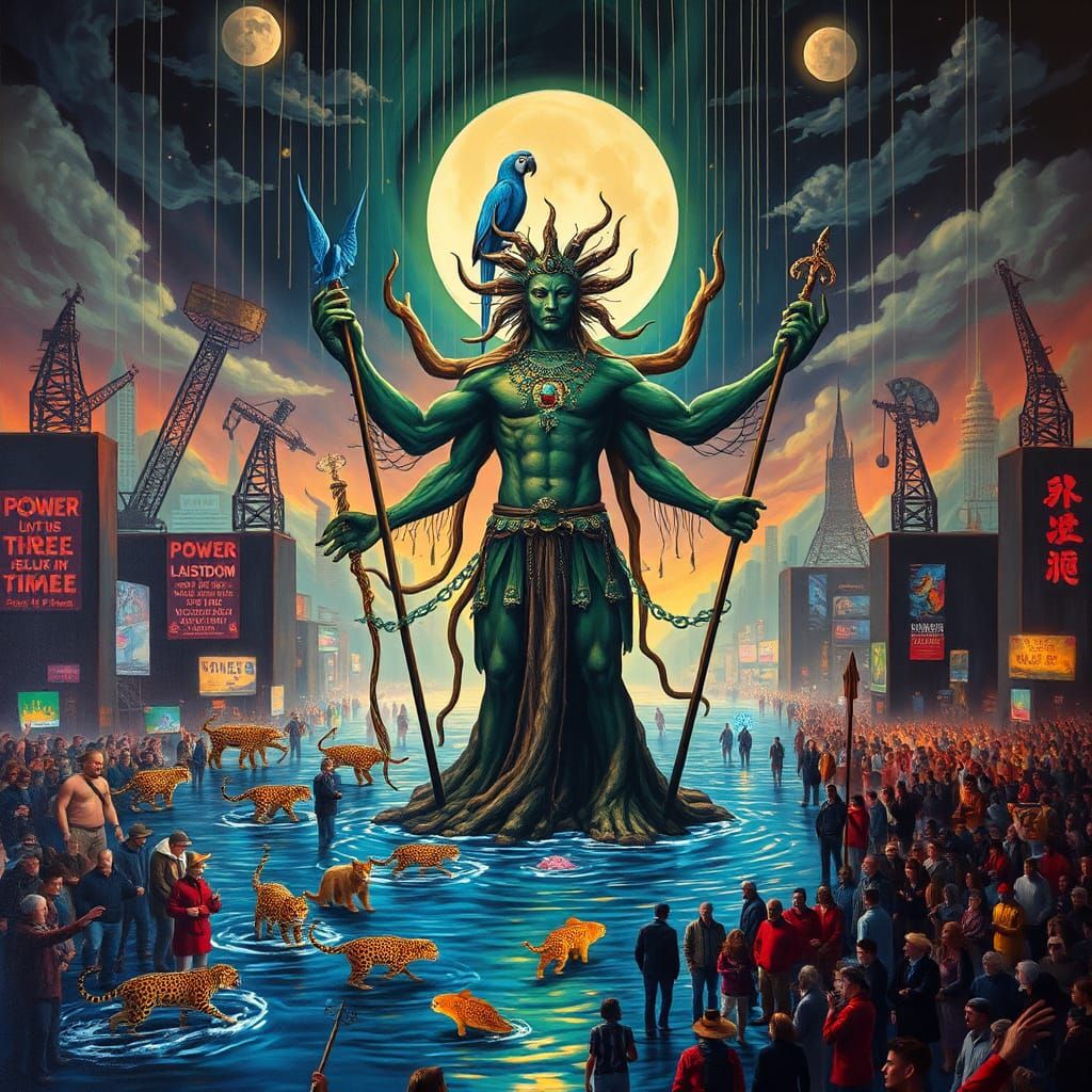 Leopard Shaman in Flooded City: Surreal Oil Painting