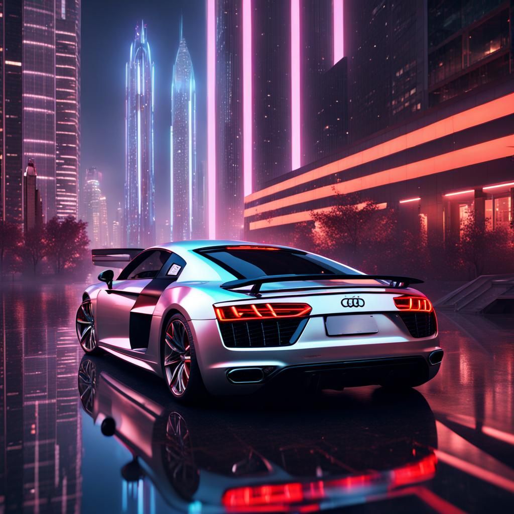 Neon Reflections: Silver Audi R8 in Cyberpunk City