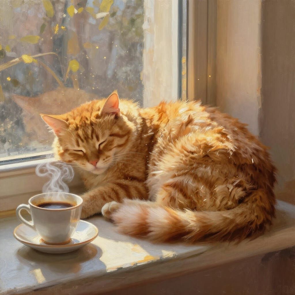 Ginger Cat Napping in Sunlit Window with Coffee