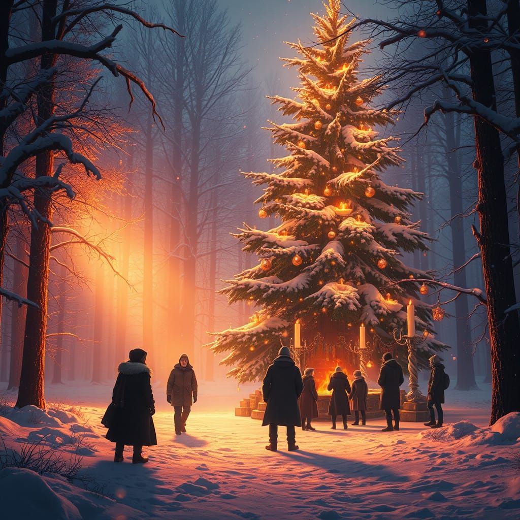 Enchanted Winter Wonderland Scene with Majestic Christmas Tr...