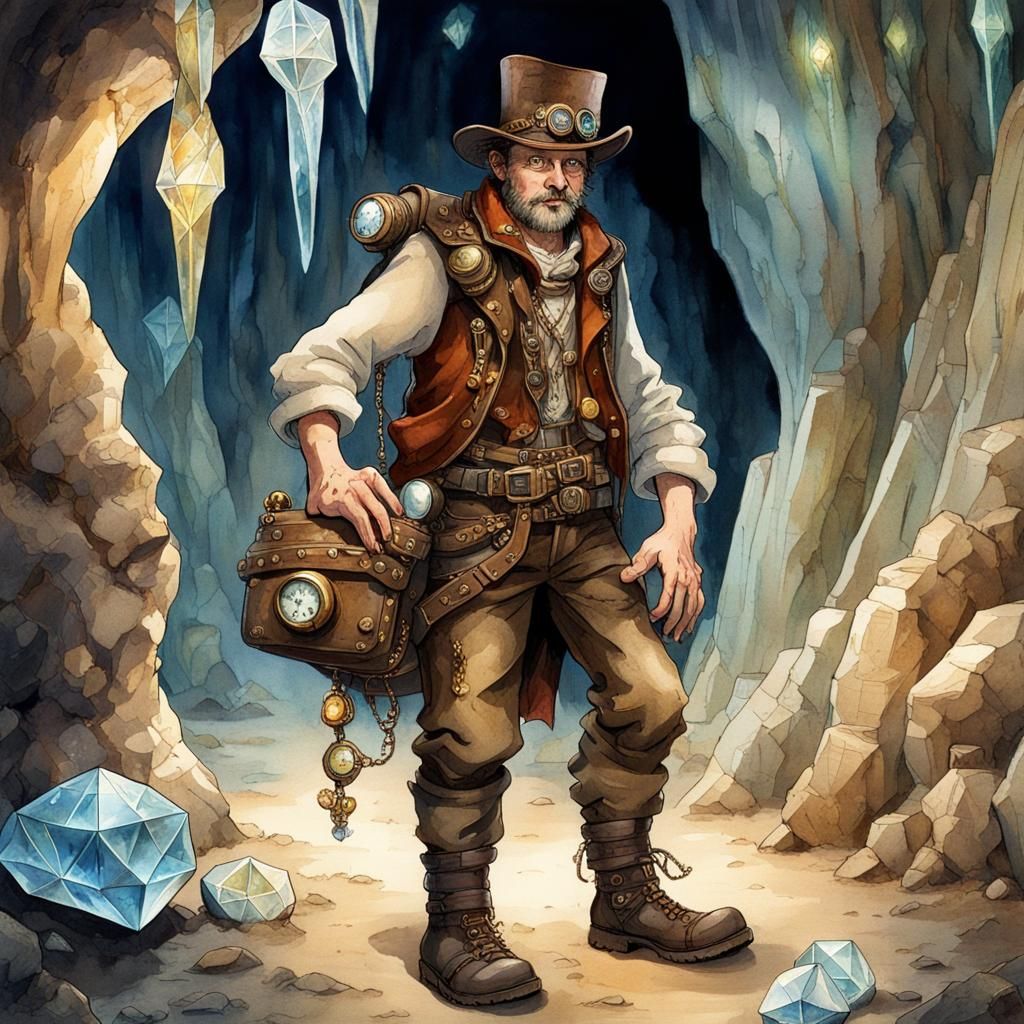 Steampunk Explorer in Crystalline Cave: Watercolor Fantasy