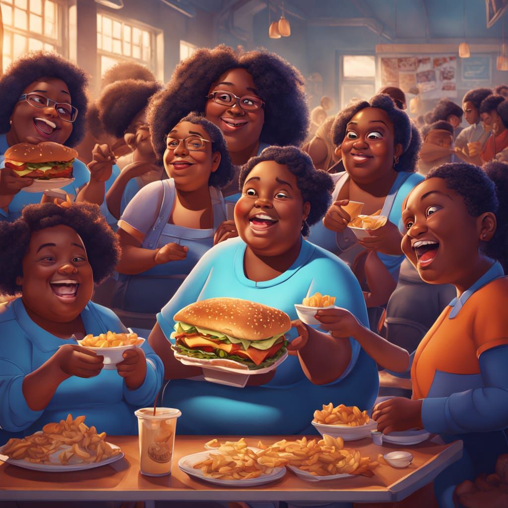 Happy Black Schoolgirls Enjoy a Feast in a Vibrant Pixar-Sty...