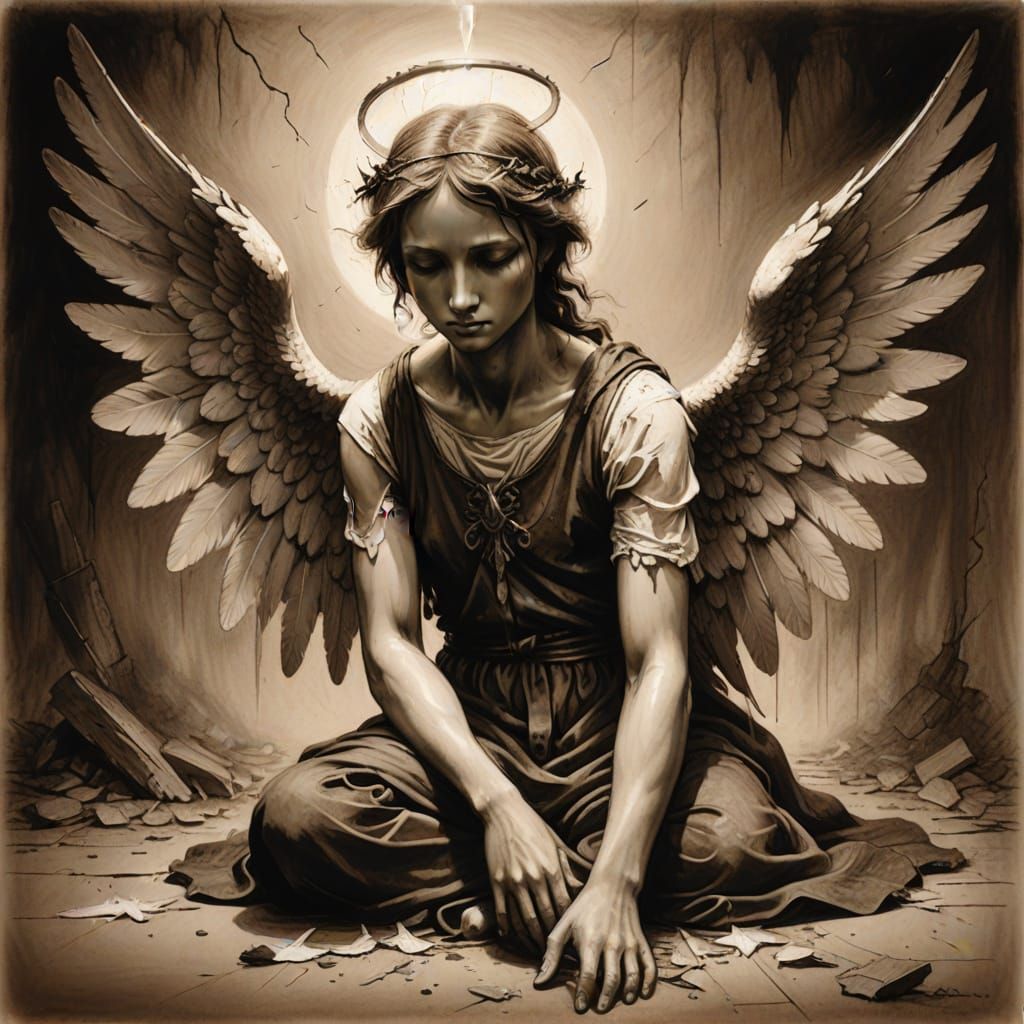 Fallen Angel Seeks Compassion in Sepia Drawing