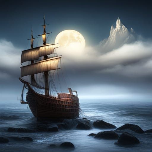 Medieval Ships on Foggy Ocean in Fantasy Art