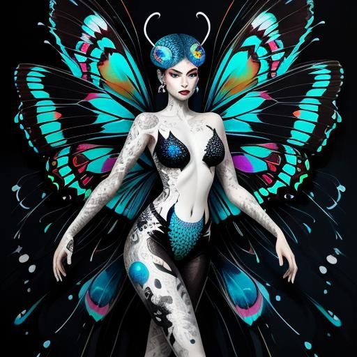 Butterfly Woman with Peacock Feathers in Graffiti Art