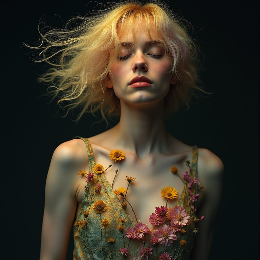 Provocative Nature Goddess with Rainbow Hair and Flowers