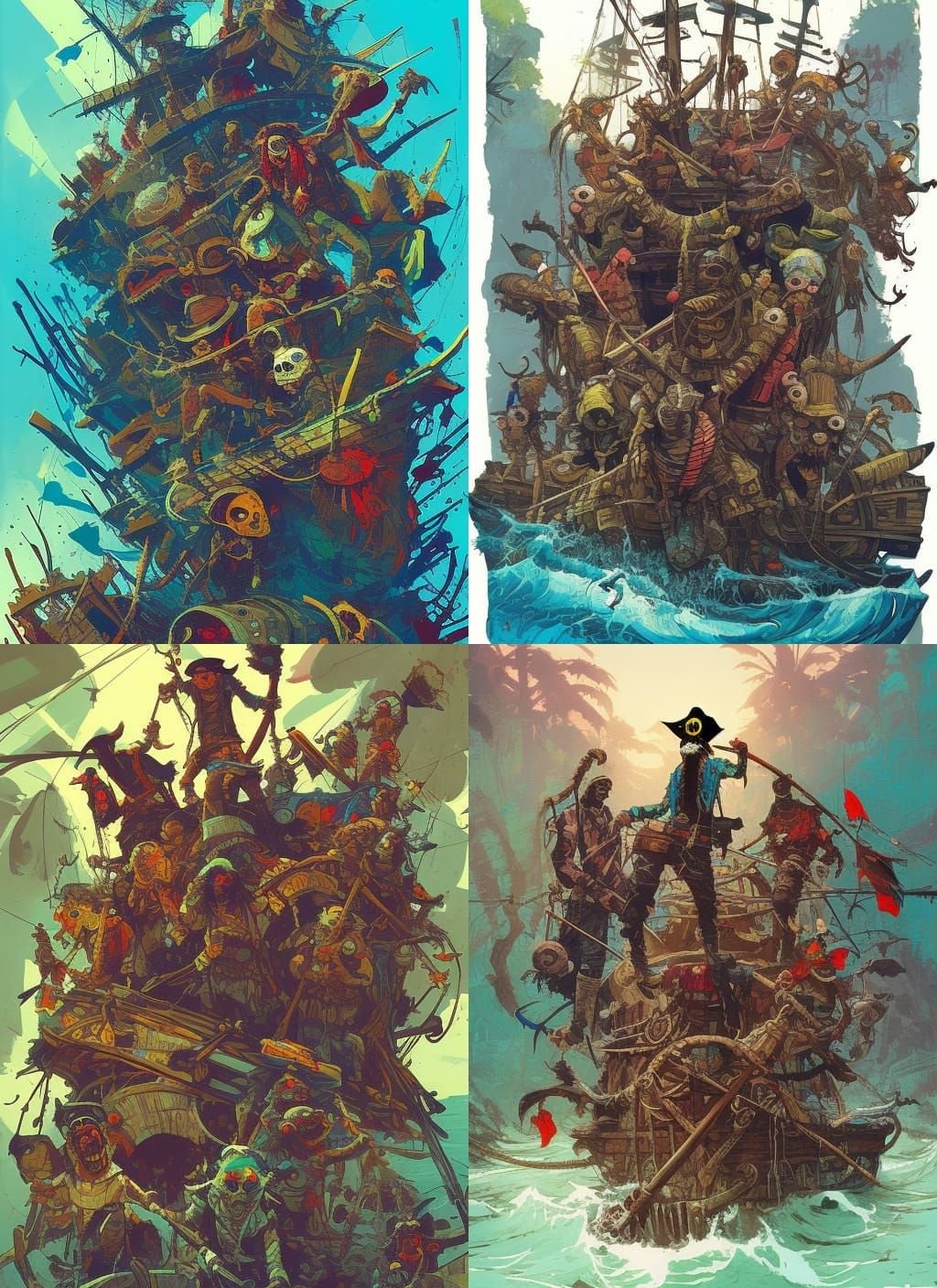 Pirate Crew Under Jolly Roger in Hyperdetailed Gouache