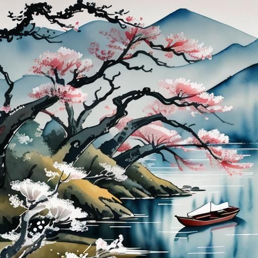 Lunar New Year Watercolor Landscape in Chinese Art Style