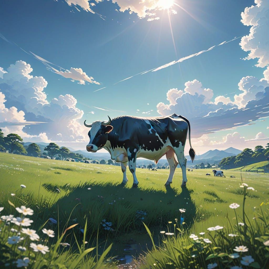 Serenely Grazing Cows in a Vibrant Anime Landscape