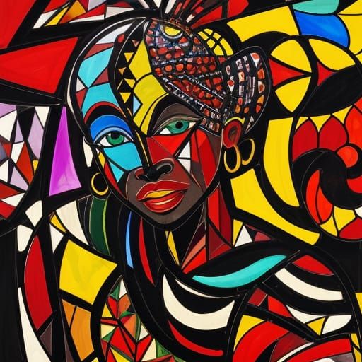 Cubist African Marketplace in Stained-Glass Style