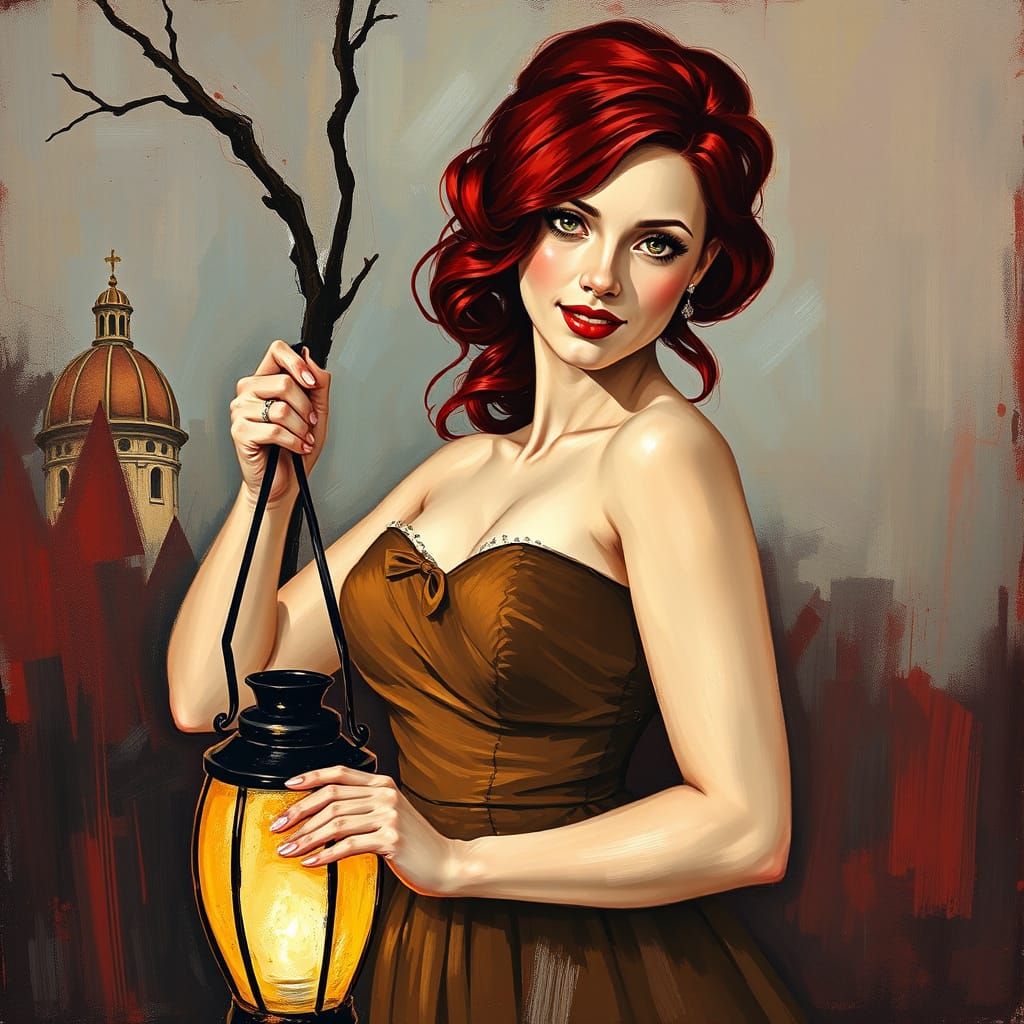 Vibrant Neo-Impressionist Portrait of a Burgundy Haired Woma...