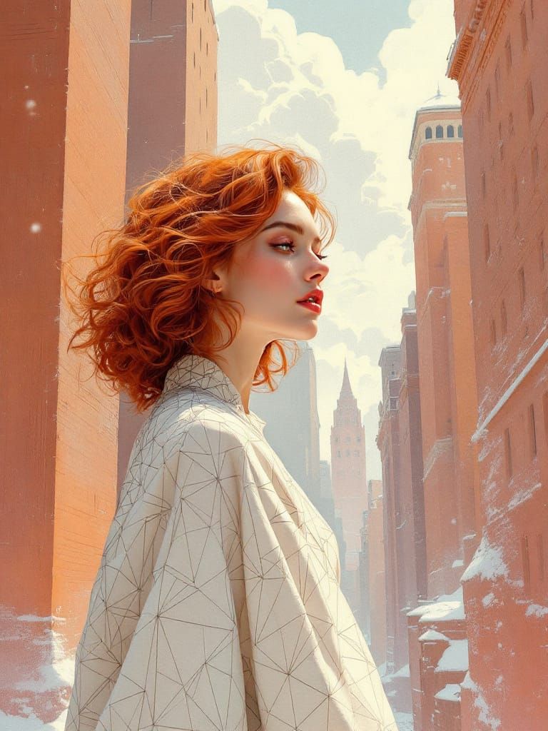 Polished Illustration of Red-Haired Figure in Urban Canyon