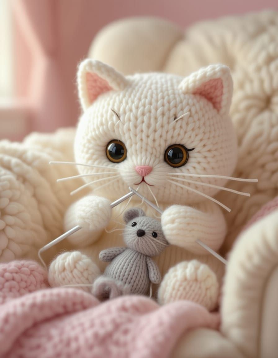 Cat Knitting a Mouse Friend