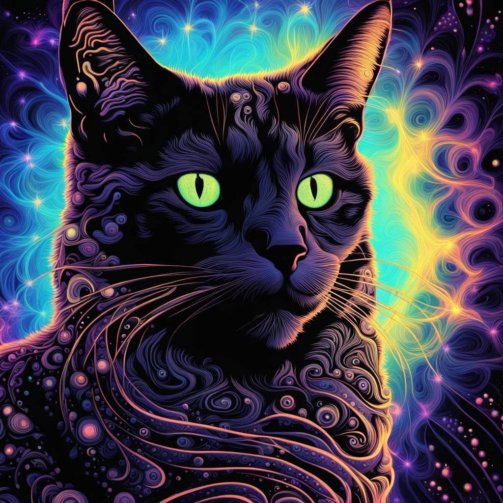Neon Galaxy Cat Portrait in Black Light
