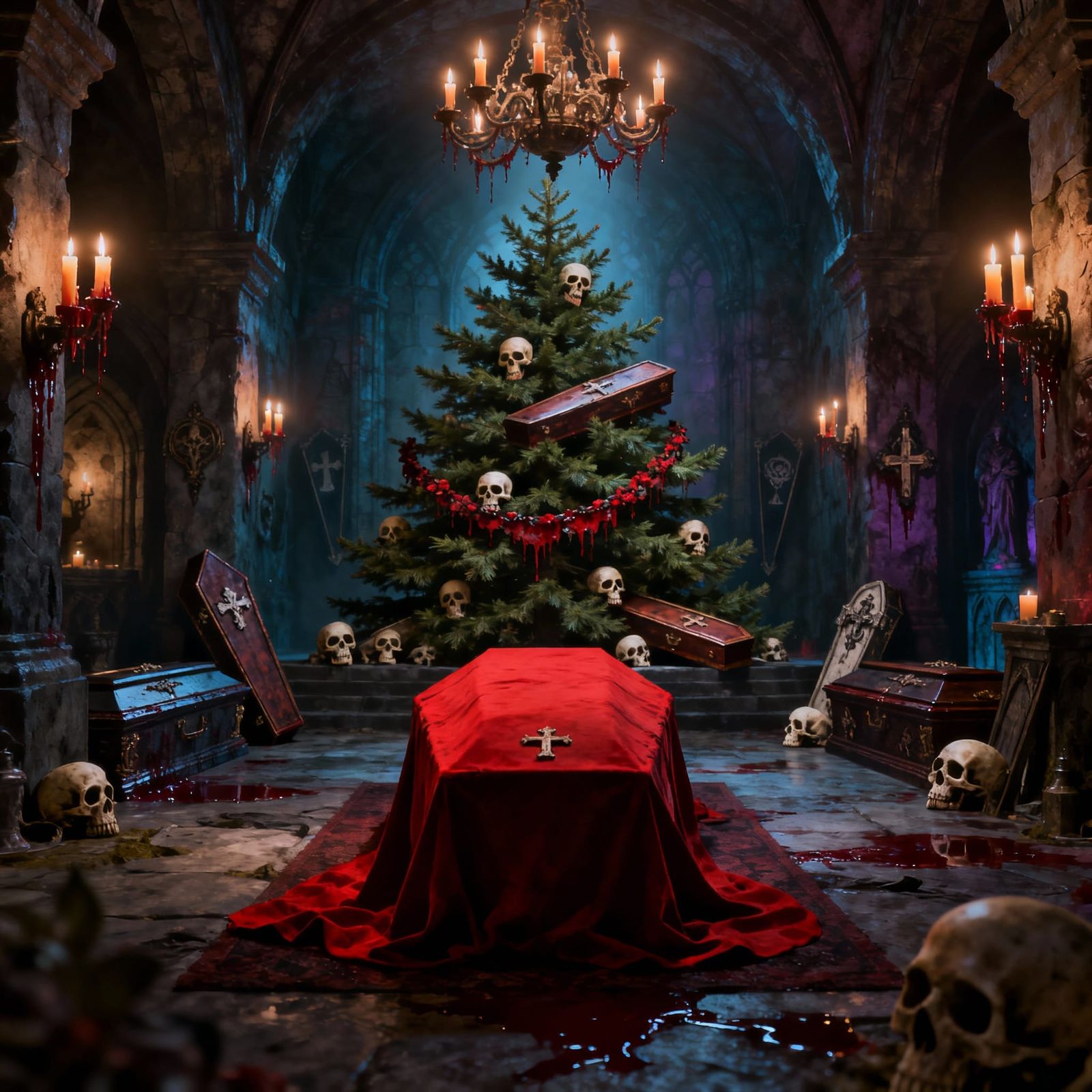 Crypt Scene with Coffin and Decorated Tree