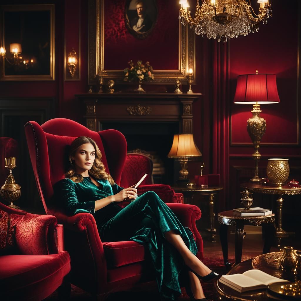 Woman Relaxing in Crimson Velvet Armchair
