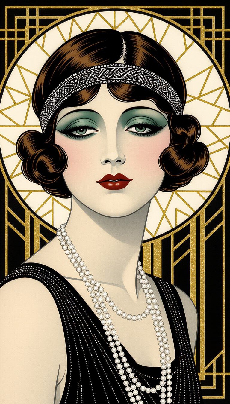 1920s Flapper Woman with Pearls in Art Deco Style