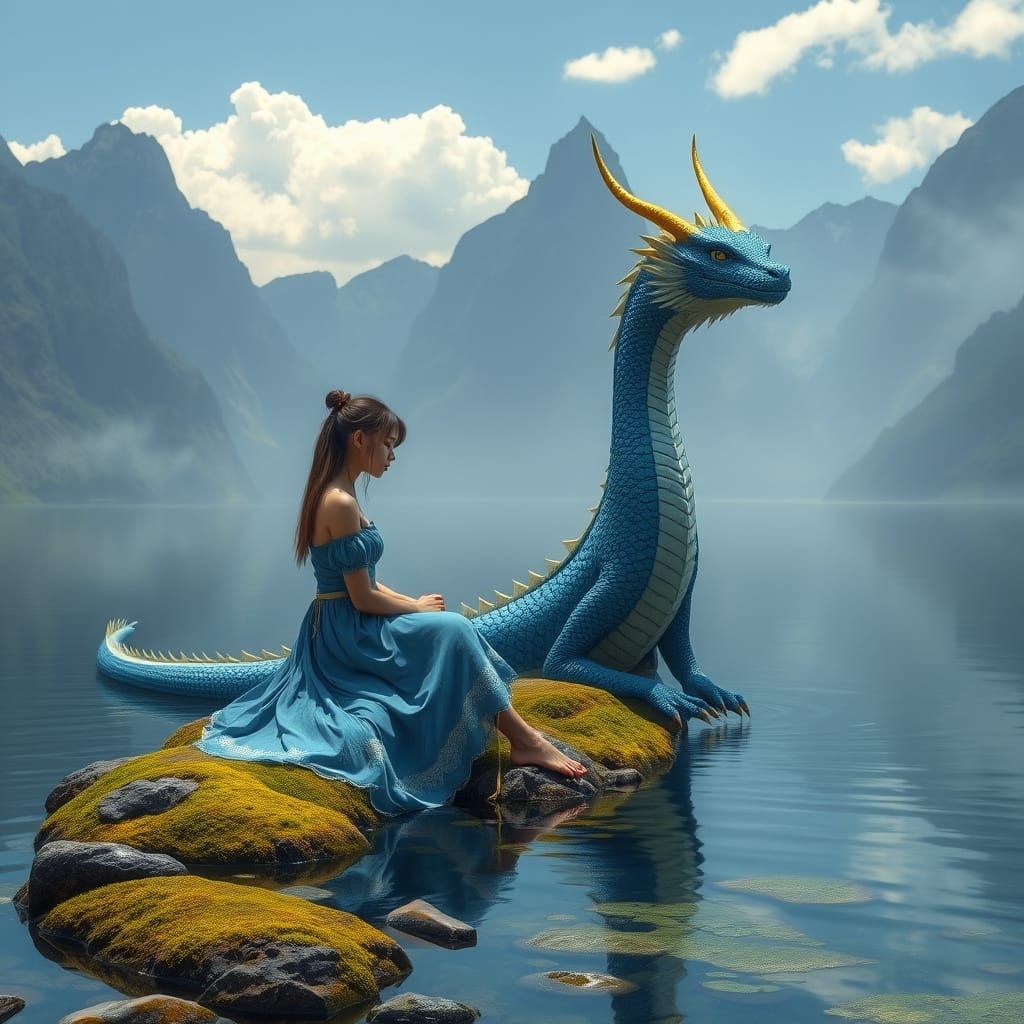 Majestic Water Dragon in Serene Lake Landscape