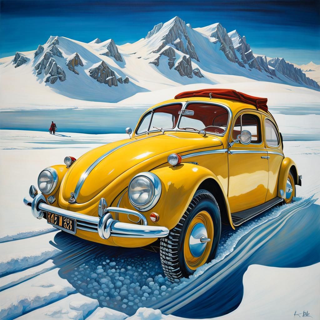 Vintage Car Submerged in Antarctic Snow: Massurrealist Paint...